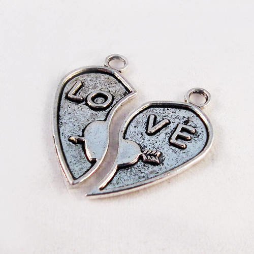 Bdp89 - lot de 2 breloques pendentifs coeur "love" argent vieilli 