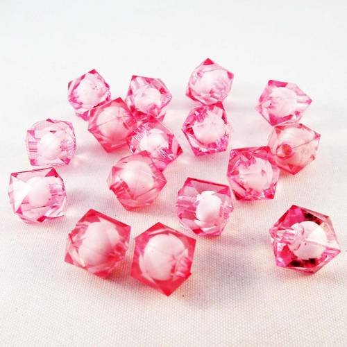 Pac56 - 10 perles à facettes en acrylique de couleur extérieure rose et intérieur blanc. 