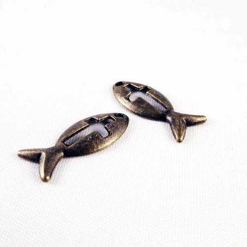 Bp43 - lot de 2 breloques pendentifs poisson et croix de couleur bronze 