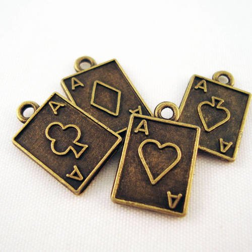Bj19 - lot de 4 breloques pendentifs charms pique coeur carreau trèfle carte à jouer poker de couleur bronze 