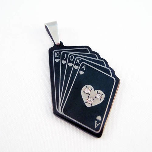 Pendentif 100% acier de qualité quinte flush royale en coeur poker avec cristal strass 