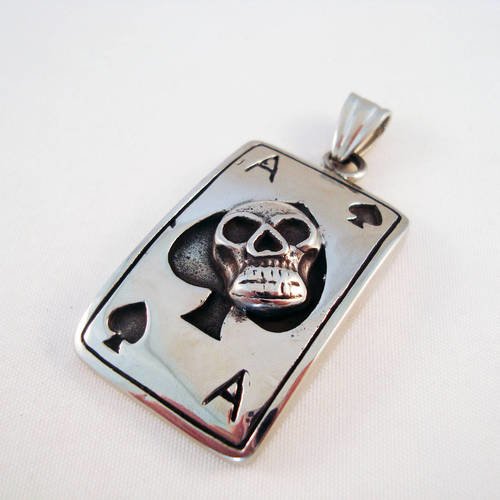 Pendentif 100% acier as de pique poker tête de mort gothique légères imperfections 