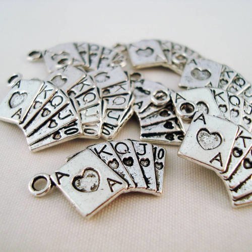 Bj14 - lot de 10 breloques poker quinte flush royale argentée 