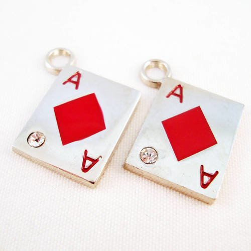 Bj44 - lot de 2 pendentifs as de carreau poker avec cristal strass argenté 
