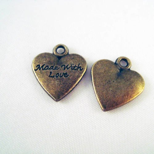 Bfc32 - lot de 2 breloques pendentifs bronze en forme de coeur "made with love" 