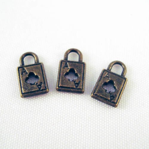 Bj26 - lot de 3 petites breloques pendentifs cadenas bronze trèfle carte à jouer poker 