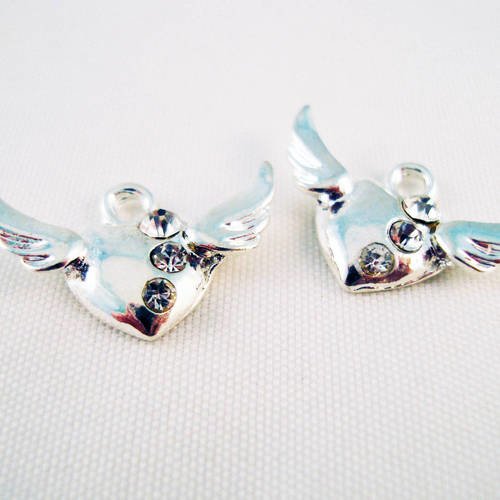 Lot de 2 breloques pendentifs coeur et ailes avec strass cristal 