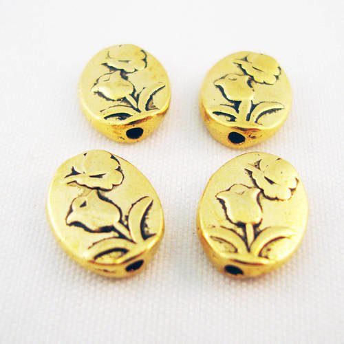 Int14 - lot de 4 perles intercalaires dorées à motifs de fleurs 
