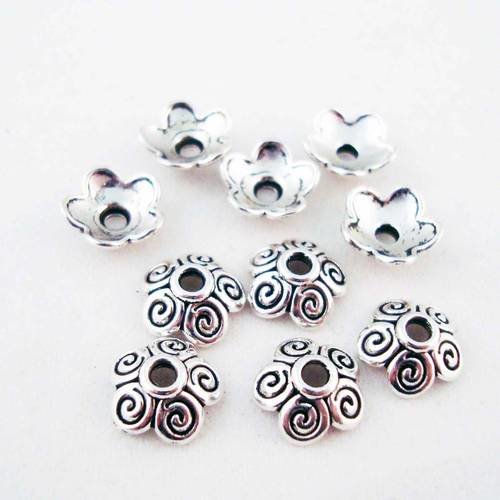Cal09 - 10 calottes 10mm argentées à motifs fleur en argent tibétain 