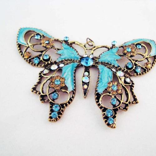 Grand pendentif papillon bleu avec cristaux swarovski 