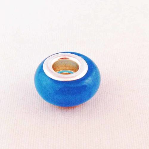 Pdl129 - perle en verre, œil de chat, bleu, contour argenté, charms, 14mm x 8mm. 