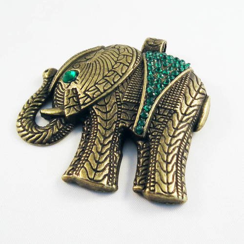 Ald7v - grande breloque pendentif éléphant trompe chance avec strass vert yeux cristal bronze antique 