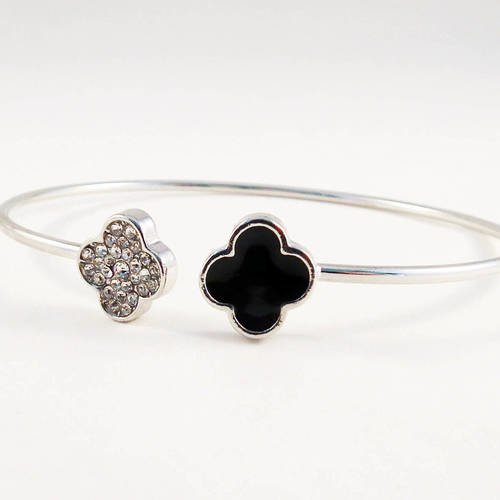 All2 - joli support bracelet plaqué argent de style monogramme trèfles 4 feuilles émail noir et strass brillants 