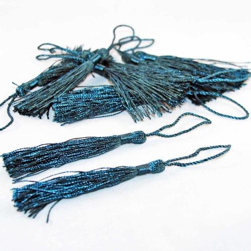 Ad29 - lot de longs 2 pompons bleu émeraude en fil imitation soie d'environ 8cm 