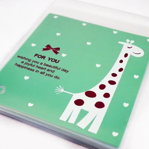 Ad06 - lot de 5 sachets plastique semi-transparent girafe à pois et boucle noeud naissance vert blanc noir avec message 