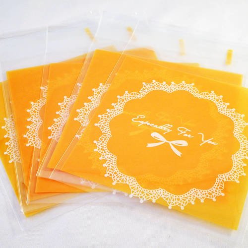 Ad05 - lot de 5 sachets pochettes plastique auto-adhésif orange pâle motif noeud "especially for you" 