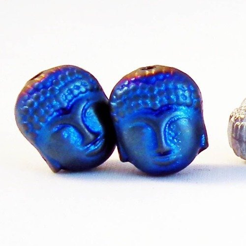 B3b - lot de 2 perles intercalaires en hématite bleu spacer breloques charm buddha 3d