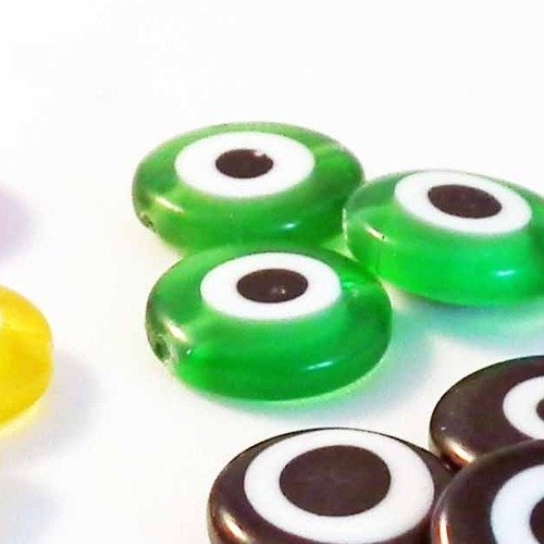 B5vp - lot de 3 perles en verre vert rondes plates oeil grec chanceux de 6mm