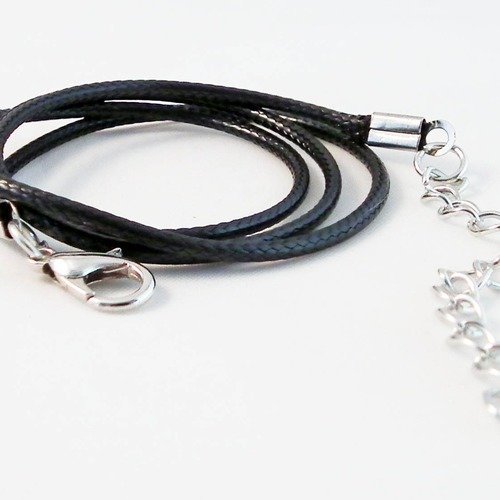 Sp23n - 1 support collier en cuir noir de 2mm avec fermoir à mousqueton et chaîne d'extension argenté 