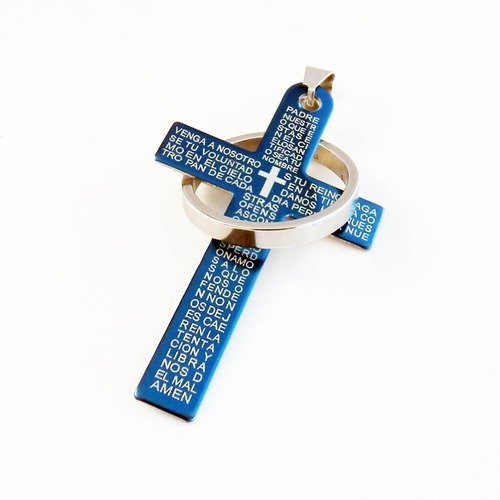 Bdp49t  - grand pendentif breloque croix bleu en acier et anneau argenté écriture religieux avec bélière rare 