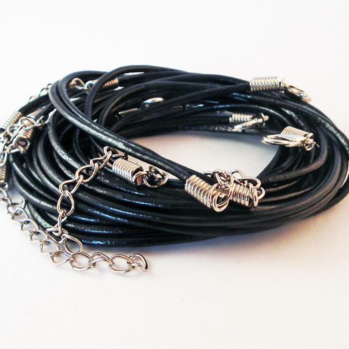 Sp30p - 1 support collier en cuir noir avec fermoir à mousqueton et chaîne d'extension argenté 
