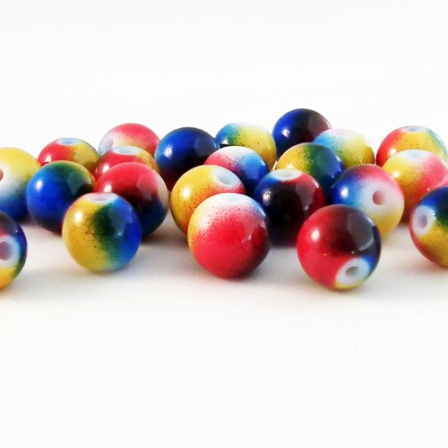 Pd43r - lot de 5 perles en verre rondes teintes bleu rouge jaune de 8mm de diamètre