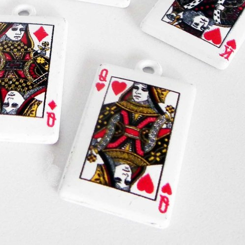 E15 - 1 breloque dame de coeur breloques cartes jouer poker métal blanc