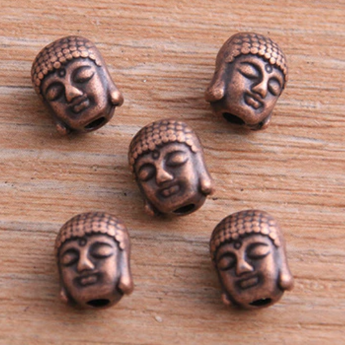 Alz5c - 2 perles intercalaires spacer charm tête de buddha en métal plaqué rouge cuivré