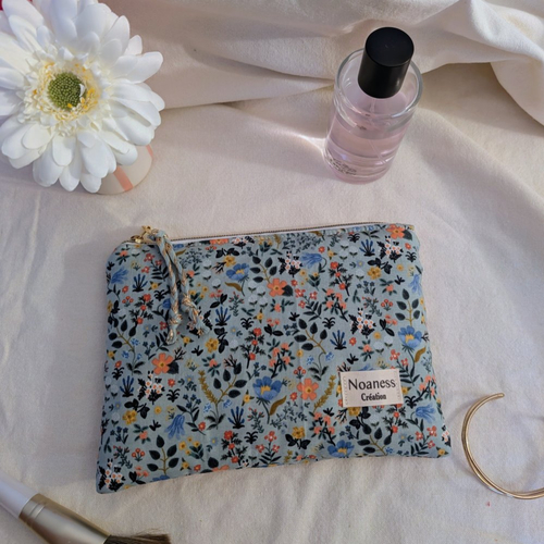Trousse plate artisanale imprimé fleuri- pochette maquillage doublée coton