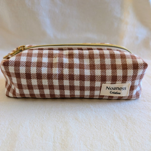 Trousse à crayons en coton vichy marron et beige - trousse de bureau fait main - cadeau femme