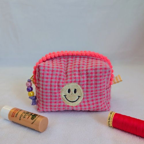 Mini trousse maquillage matelassée rose – pochette coton vichy avec smiley brodé, petite trousse fait main