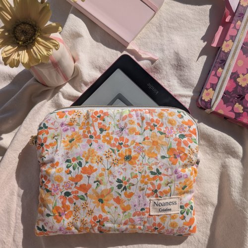 Pochette liseuse en coton orange à motifs fleurs- housse liseuse 6,8 pouces, idée cadeau femme