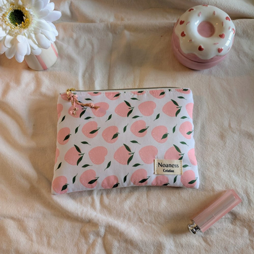 Trousse plate artisanale imprimé pêches roses- pochette maquillage doublée coton