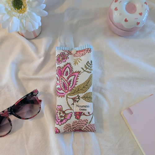 Pochette à lunettes artisanale fleurie rose et vert- étui en tissu fait main- protection lunettes