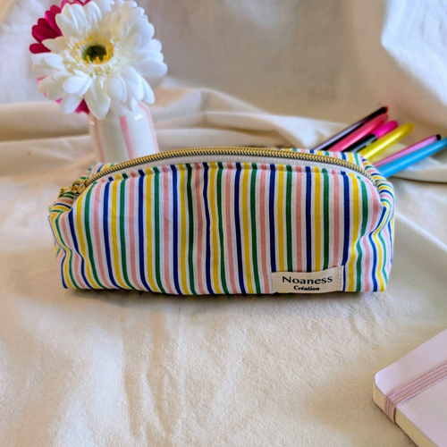Trousse à crayons artisanale rayée multicolore- trousse scolaire fait main - pochette stylos