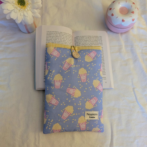Pochette livre de poche artisanale- housse de protection pour roman- motif pop-corn pastel