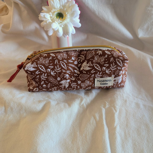 Trousse à crayons en coton marron - trousse scolaire doublée de molleton- fait main - cadeau femme