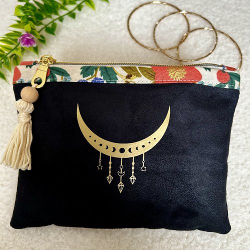 Pochette bi-matière en suédine noire et coton imprimlé- élégance & douceur- fait main