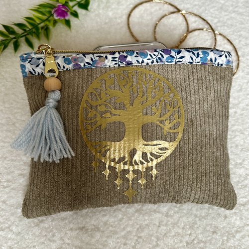 Pochette velours côtelé taupe et liberty bleu- trousse arbre de vie dorée avec pompon artisanal