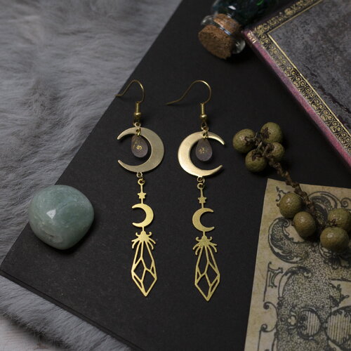 Boucles d'oreilles ailes de fée et lune  en laiton