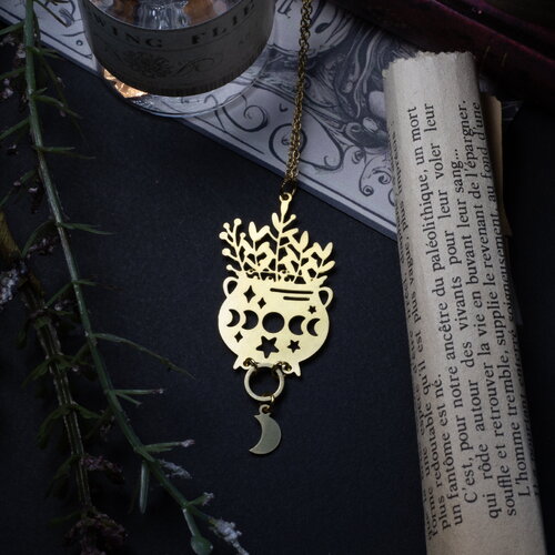 Collier pendentif chaudron - sorcière en laiton