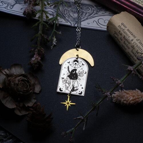 Collier pendentif  champignon et lune, laiton et acier inoxydable