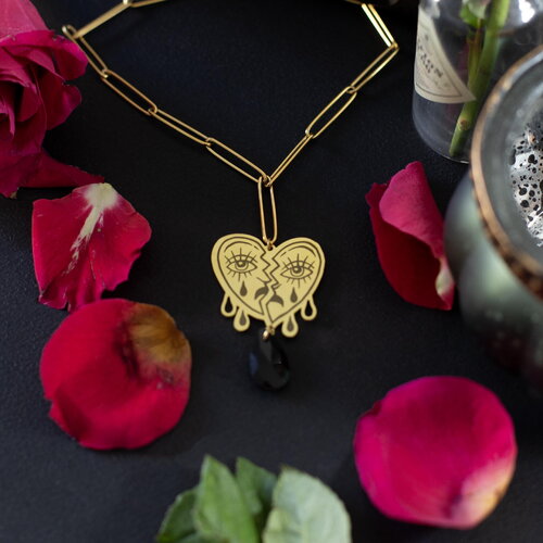 Collier pendentif  grosse chaine coeur qui pleure : larmes de cœur en laiton