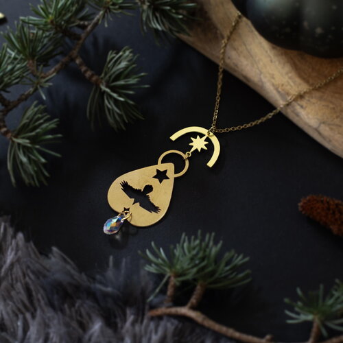 Collier pendentif  ouija et corbeau en laiton