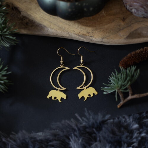 Boucles d'oreilles lune et ours en laiton