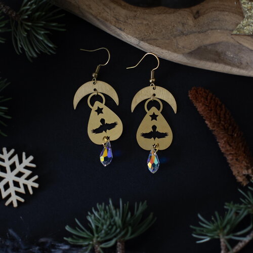 Boucles d'oreilles ouija et  corbeau en laiton