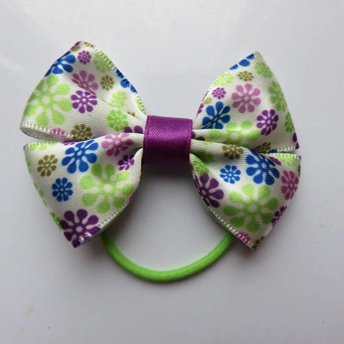Elastique fin avec noeud papillon en tissu satin imprimé fleur vert, violet, bleu 
