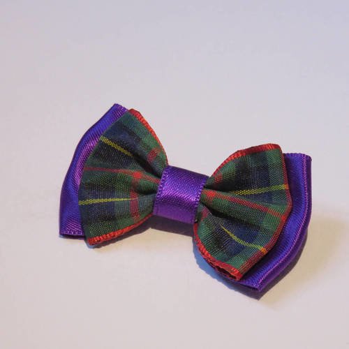 Barrette métal 5 cm avec petit noeud papillon en tissu satin violet et écossais 