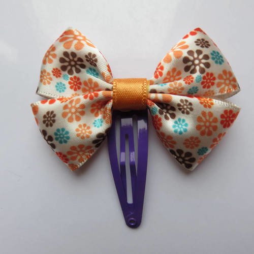 Barrette clic clac 5 cm avec noeud papillon en tissu satin imprimé fleur orange, marron, bleu 