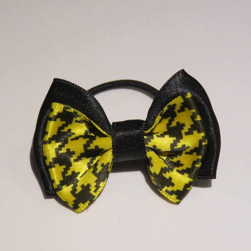 Elastique fin avec noeud papillon en tissu ruban satin noir et jaune imprimé noir 